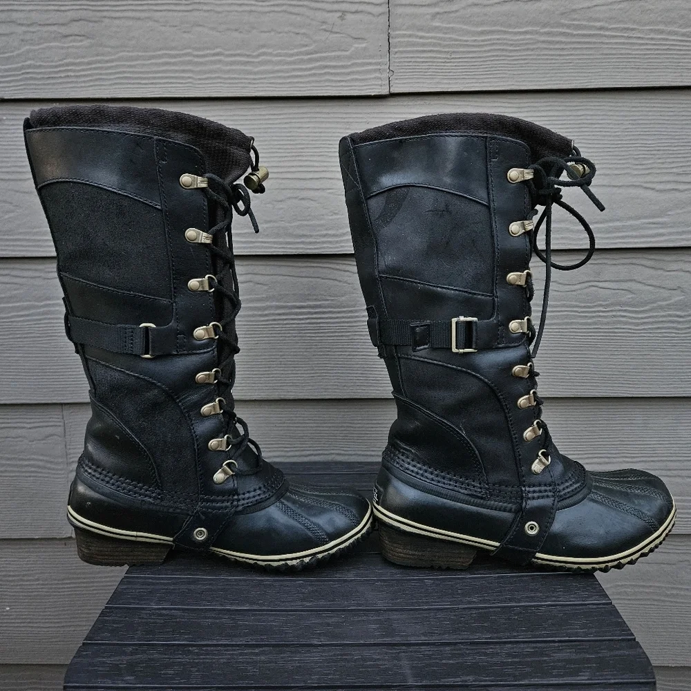 Sorel Black Leather Conquest Carly Boots Womens Size 8 Rubber Tall Waterproof